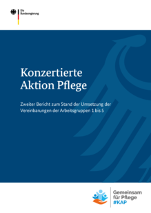 Titelbild der Publikation "Konzertierte Aktion Pflege: Zweiter Bericht zum Stand der Umsetzung der Vereinbarungen der Arbeitsgruppen 1 bis 5"