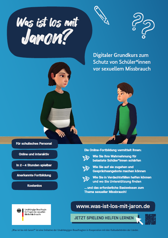 Titelbild der Publikation "Was ist los mit Jaron? - Plakat zur Online-Fortbildung „Was ist los mit Jaron?“ – ein digitaler Grundkurs zum Schutz von Schüler*innen vor sexuellem Missbrauch"