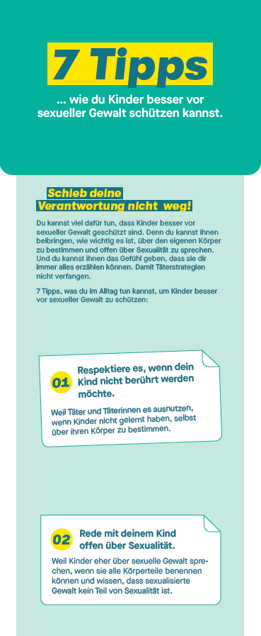 Titelbild der Publikation "7 Tipps, wie du Kinder besser vor sexueller Gewalt schützen kannst. - Klappflyer"