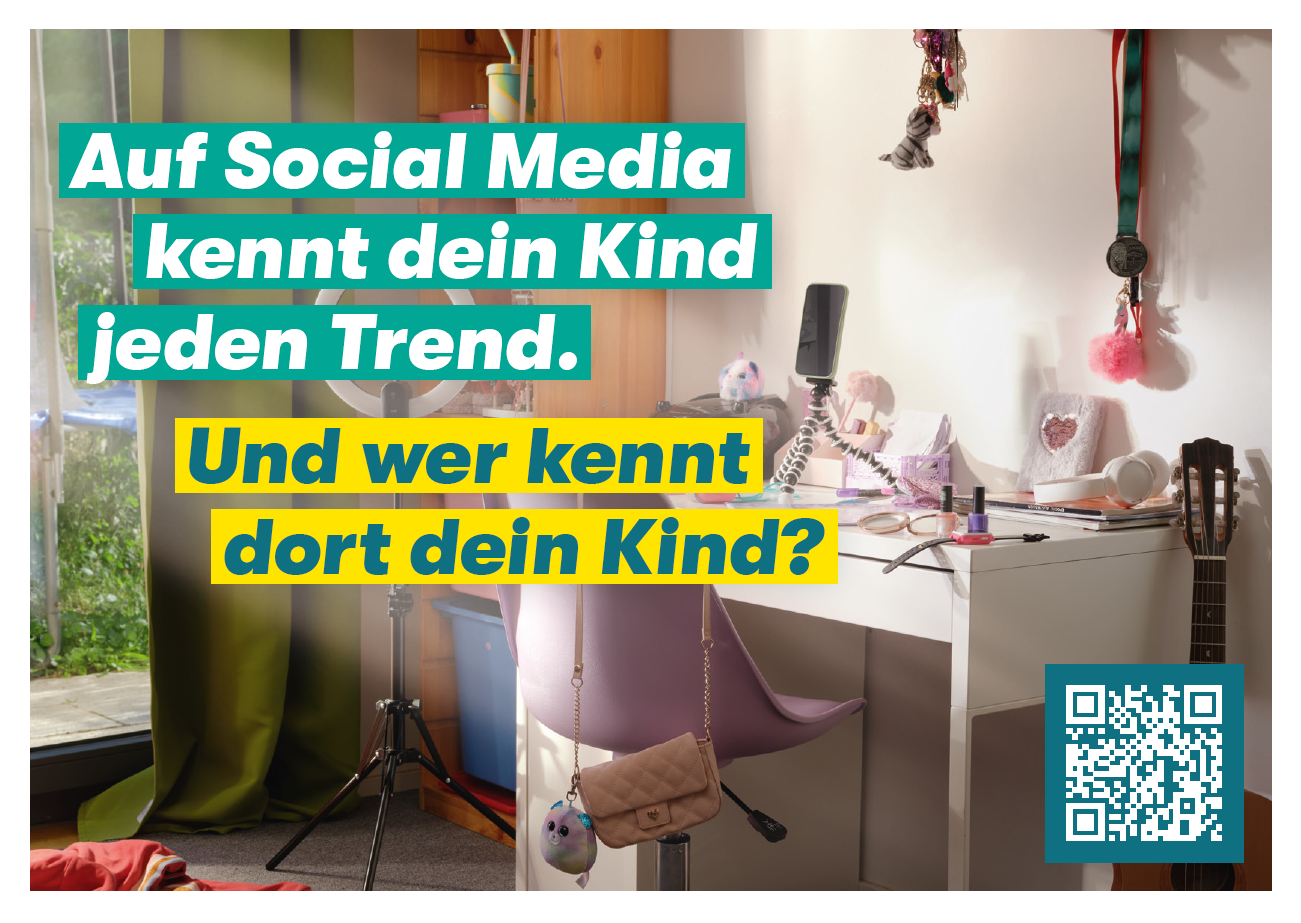 Titelbild der Publikation "Auf Social Media kennt dein Kind jeden Trend. Und wer kennt dort dein Kind? - Nicht wegschieben! - Postkarte Tipp 3"