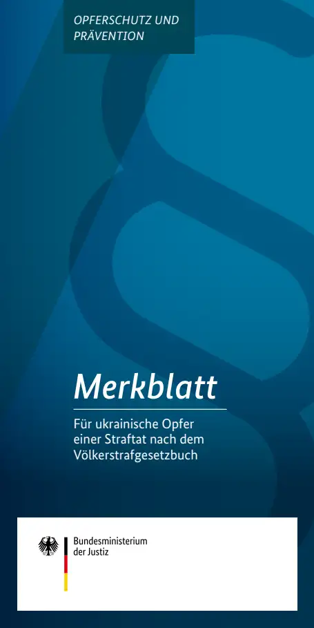 Titelbild der Publikation "Merkblatt für ukrainische Opfer einer Straftat nach dem Völkerstrafgesetzbuch"