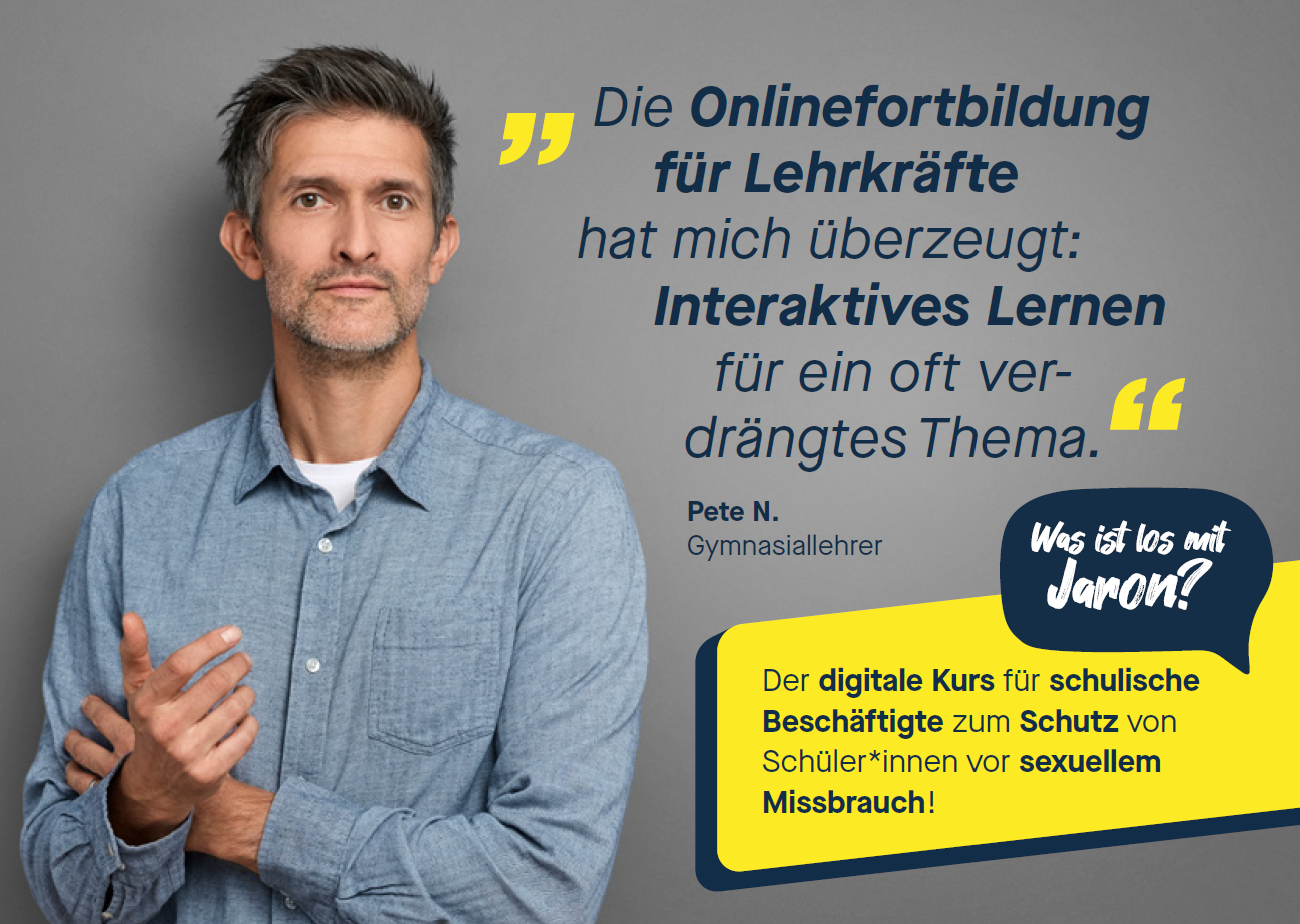 Titelbild der Publikation "Was ist los mit Jaron? - Postkarte zur Online-Fortbildung „Was ist los mit Jaron?“ – ein digitaler Kurs für schulische Beschäftigte zum Schutz von Schüler*innen vor sexuellem Missbrauch"