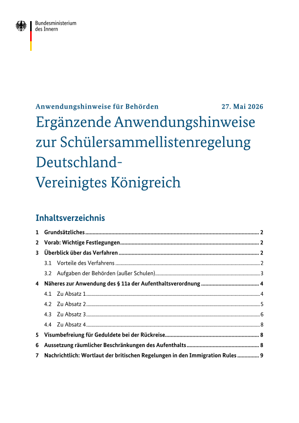 Titelbild der Publikation "Ergänzende Anwendungshinweise zur Schüler­sammel­listen­regelung Deutschland - Vereinigtes Königreich"