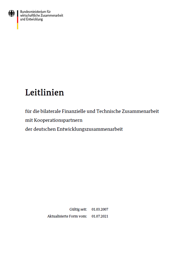 Titelbild der Publikation "Leitlinien für die bi­laterale Finanzielle und Tech­nische Zu­sammen­arbeit mit Ko­operations­partnern der deutschen Ent­wicklungs­zusammenarbeit"