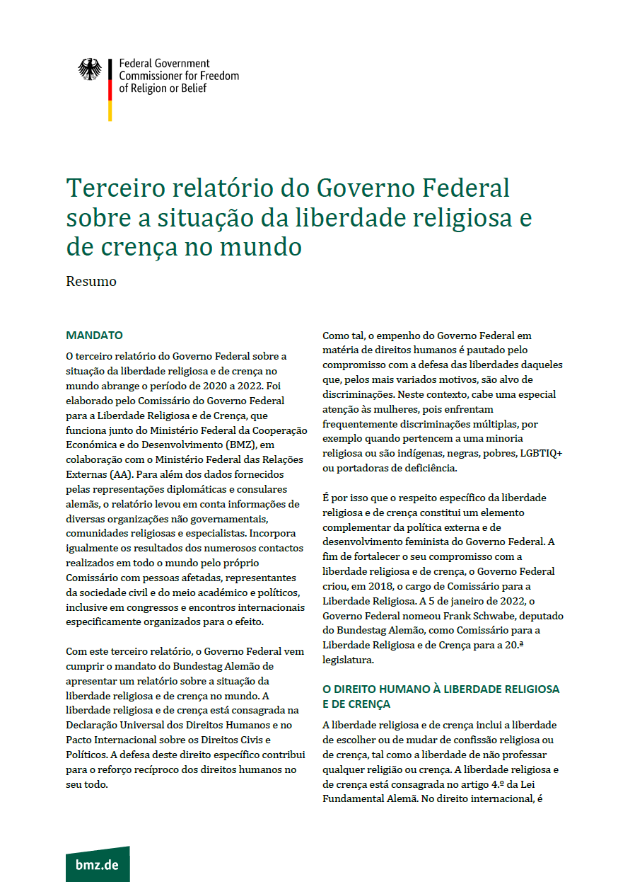 Titelbild der Publikation "Resumo: Terceiro relatório do Governo Federal sobre a situação da liberdade religiosa e de crença no mundo"