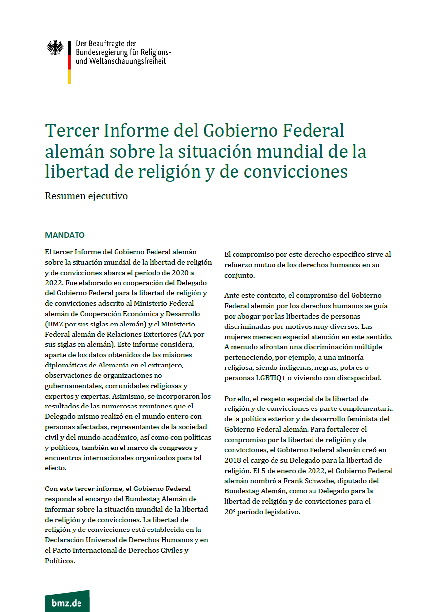 Titelbild der Publikation "Resumen ejecutivo: Tercer Informe del Gobierno Federal alemán sobre la situación mundial de la libertad de religión y de convicciones"