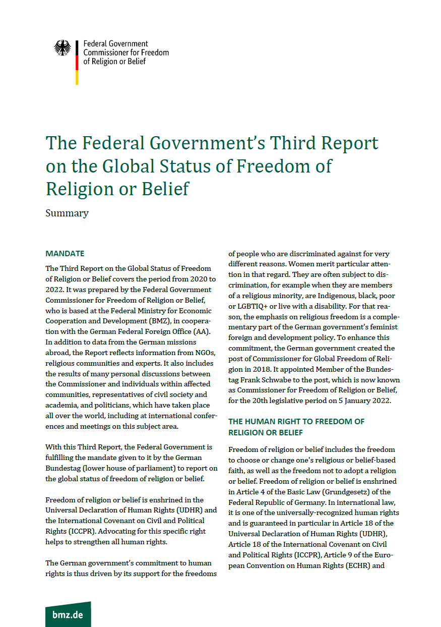 Titelbild der Publikation "Summary: The Federal Government’s Third Report on the Global Status of Freedom of Religion or Belief"