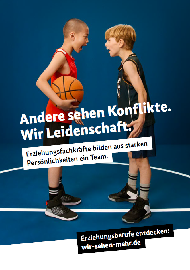 Titelbild der Publikation "Andere sehen Konflikte. Wir Leidenschaft. - Postkarte - Erziehungsberufe entdecken: wir-sehen-mehr.de"