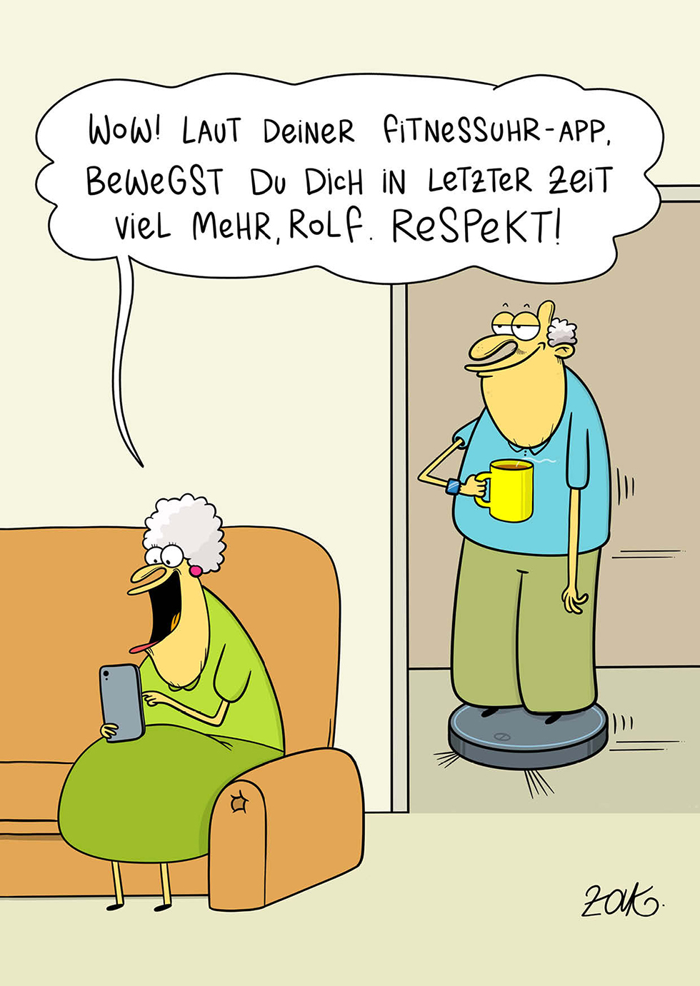 Titelbild der Publikation "Karikatur aus dem Wettbewerb „Wer zuletzt lacht“ - Postkarte Motiv "Fitnessuhr""